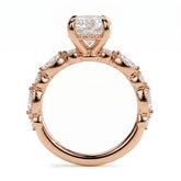 Round lab-grown diamond hidden halo engagement ring with vintage milgrain accent band in 18K (750) rose gold, profile view showing the gallery 