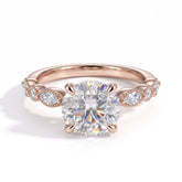 Round lab-grown diamond hidden halo engagement ring with vintage milgrain accent band in 18K (750) rose gold, front view 