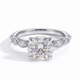 Round lab-grown diamond hidden halo engagement ring with vintage milgrain accent band in 18K (750) white gold, front view 