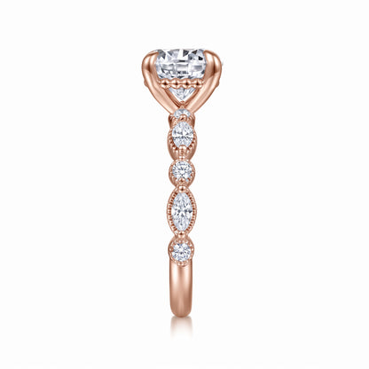 Round lab-grown diamond hidden halo engagement ring with vintage milgrain accent band in 18K (750) rose gold, side view 
