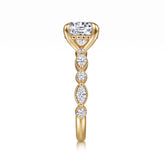 Round lab-grown diamond hidden halo engagement ring with vintage milgrain accent band in 18K (750) yellow gold, side view 