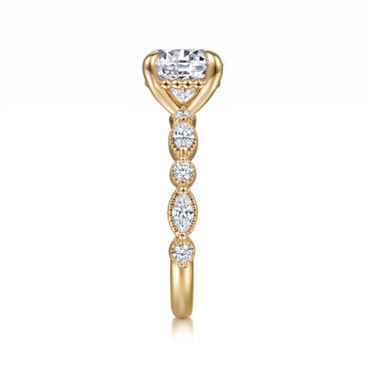 Round lab-grown diamond hidden halo engagement ring with vintage milgrain accent band in 18K (750) yellow gold, side view 