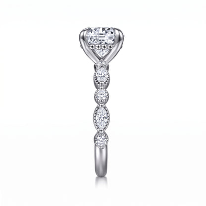 Round lab-grown diamond hidden halo engagement ring with vintage milgrain accent band in 18K (750) white gold, side view 