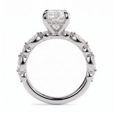 Round lab-grown diamond hidden halo engagement ring with vintage milgrain accent band in 950 platinum, profile view showing the gallery 