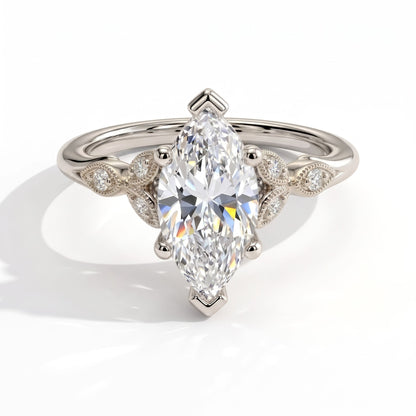 Marquise lab-grown diamond vintage leaf engagement ring with milgrain diamond accents in 14K (585) white gold, front view 