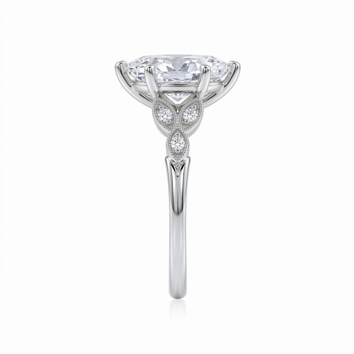 Marquise lab-grown diamond vintage leaf engagement ring with milgrain diamond accents in 14K (585) white gold, side view 