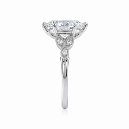 Marquise lab-grown diamond vintage leaf engagement ring with milgrain diamond accents in 14K (585) white gold, side view 