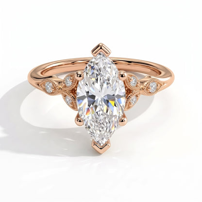 Marquise lab-grown diamond vintage leaf engagement ring with milgrain diamond accents in 14K (585) rose gold, front view 
