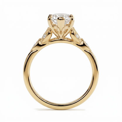 Marquise lab-grown diamond vintage leaf engagement ring with milgrain diamond accents in 14K (585) yellow gold, profile view showing the gallery 