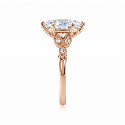 Marquise lab-grown diamond vintage leaf engagement ring with milgrain diamond accents in 18K (750) rose gold, side view 
