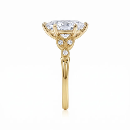 Marquise lab-grown diamond vintage leaf engagement ring with milgrain diamond accents in 18K (750) yellow gold, side view 