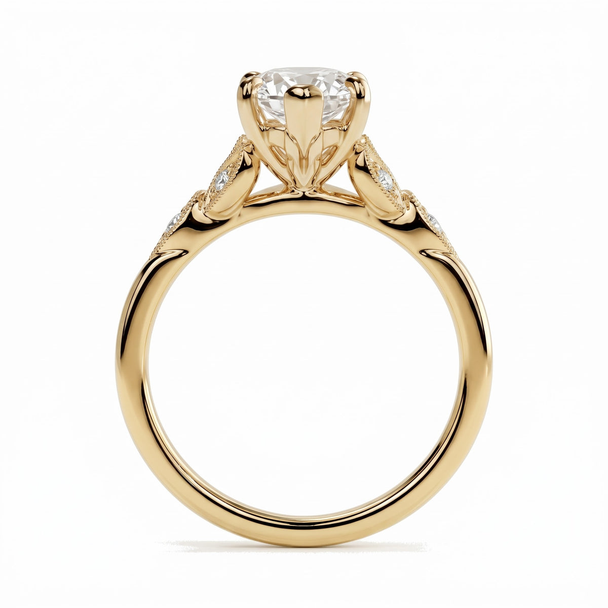 Marquise lab-grown diamond vintage leaf engagement ring with milgrain diamond accents in 18K (750) yellow gold, profile view showing the gallery 