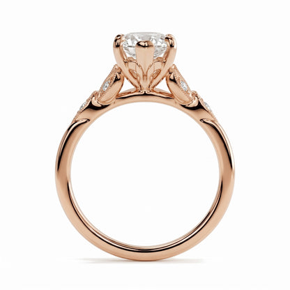 Marquise lab-grown diamond vintage leaf engagement ring with milgrain diamond accents in 18K (750) rose gold, profile view showing the gallery 