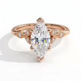 Marquise lab-grown diamond vintage leaf engagement ring with milgrain diamond accents in 18K (750) rose gold, front view 