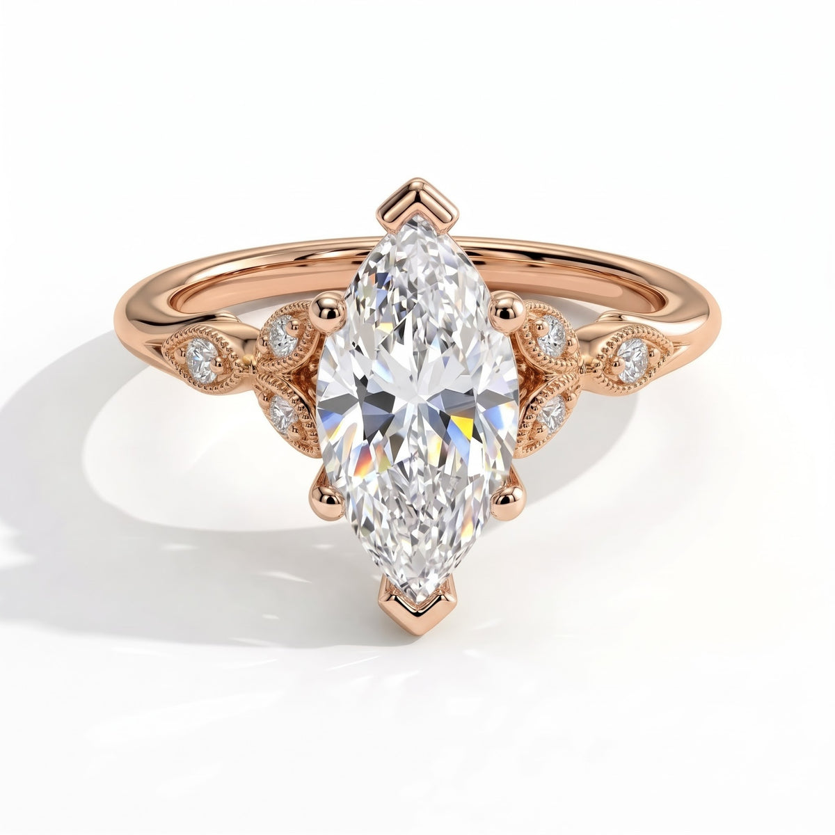 Marquise lab-grown diamond vintage leaf engagement ring with milgrain diamond accents in 18K (750) rose gold, front view 