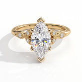 Marquise lab-grown diamond vintage leaf engagement ring with milgrain diamond accents in 18K (750) yellow gold, front view 