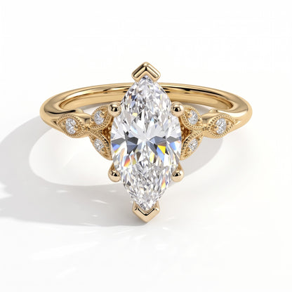 Marquise lab-grown diamond vintage leaf engagement ring with milgrain diamond accents in 18K (750) yellow gold, front view 
