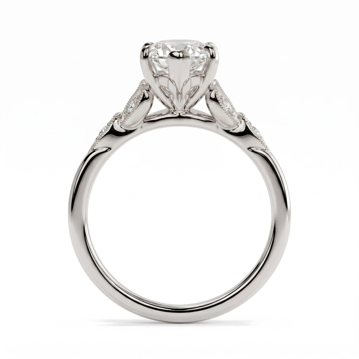 Marquise lab-grown diamond vintage leaf engagement ring with milgrain diamond accents in 950 platinum, profile view showing the gallery 