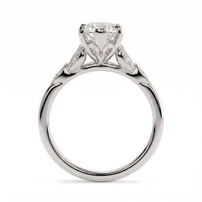 Marquise lab-grown diamond vintage leaf engagement ring with milgrain diamond accents in 950 platinum, profile view showing the gallery 