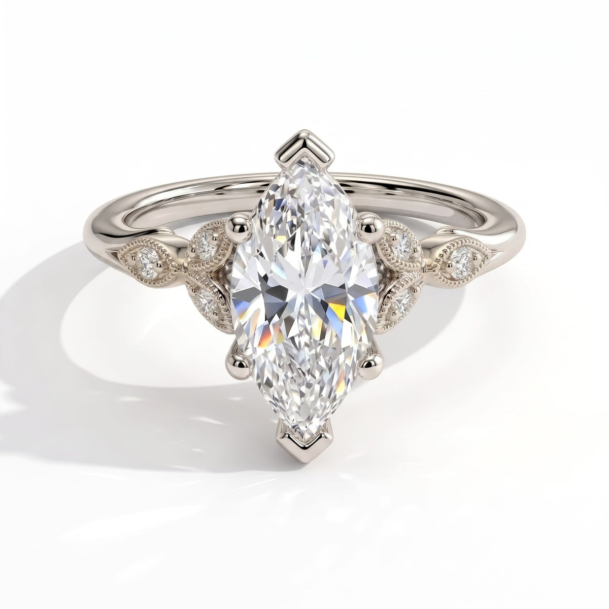Marquise lab-grown diamond vintage leaf engagement ring with milgrain diamond accents in 950 platinum, front view 