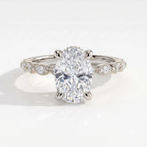 Oval lab-grown diamond hidden halo engagement ring with vintage milgrain accent band in 14K (585) white gold, front view 
