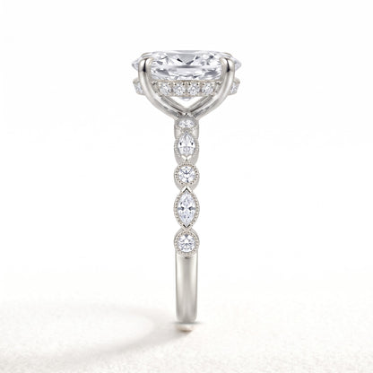 Oval lab-grown diamond hidden halo engagement ring with vintage milgrain accent band in 14K (585) white gold, side view 