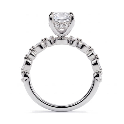 Oval lab-grown diamond hidden halo engagement ring with vintage milgrain accent band in 14K (585) white gold, profile view showing the gallery 