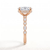Oval lab-grown diamond hidden halo engagement ring with vintage milgrain accent band in 14K (585) rose gold, side view 