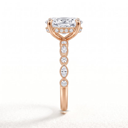 Oval lab-grown diamond hidden halo engagement ring with vintage milgrain accent band in 14K (585) rose gold, side view 