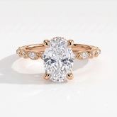 Oval lab-grown diamond hidden halo engagement ring with vintage milgrain accent band in 14K (585) rose gold, front view 