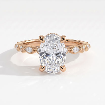 Oval lab-grown diamond hidden halo engagement ring with vintage milgrain accent band in 14K (585) rose gold, front view 