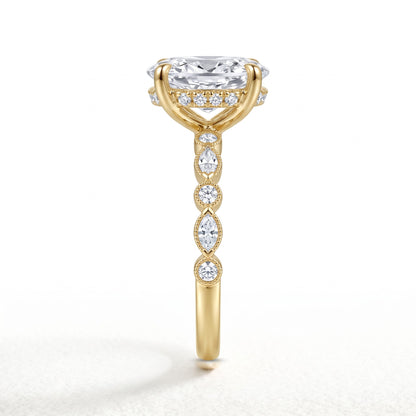 Oval lab-grown diamond hidden halo engagement ring with vintage milgrain accent band in 14K (585) yellow gold, side view 