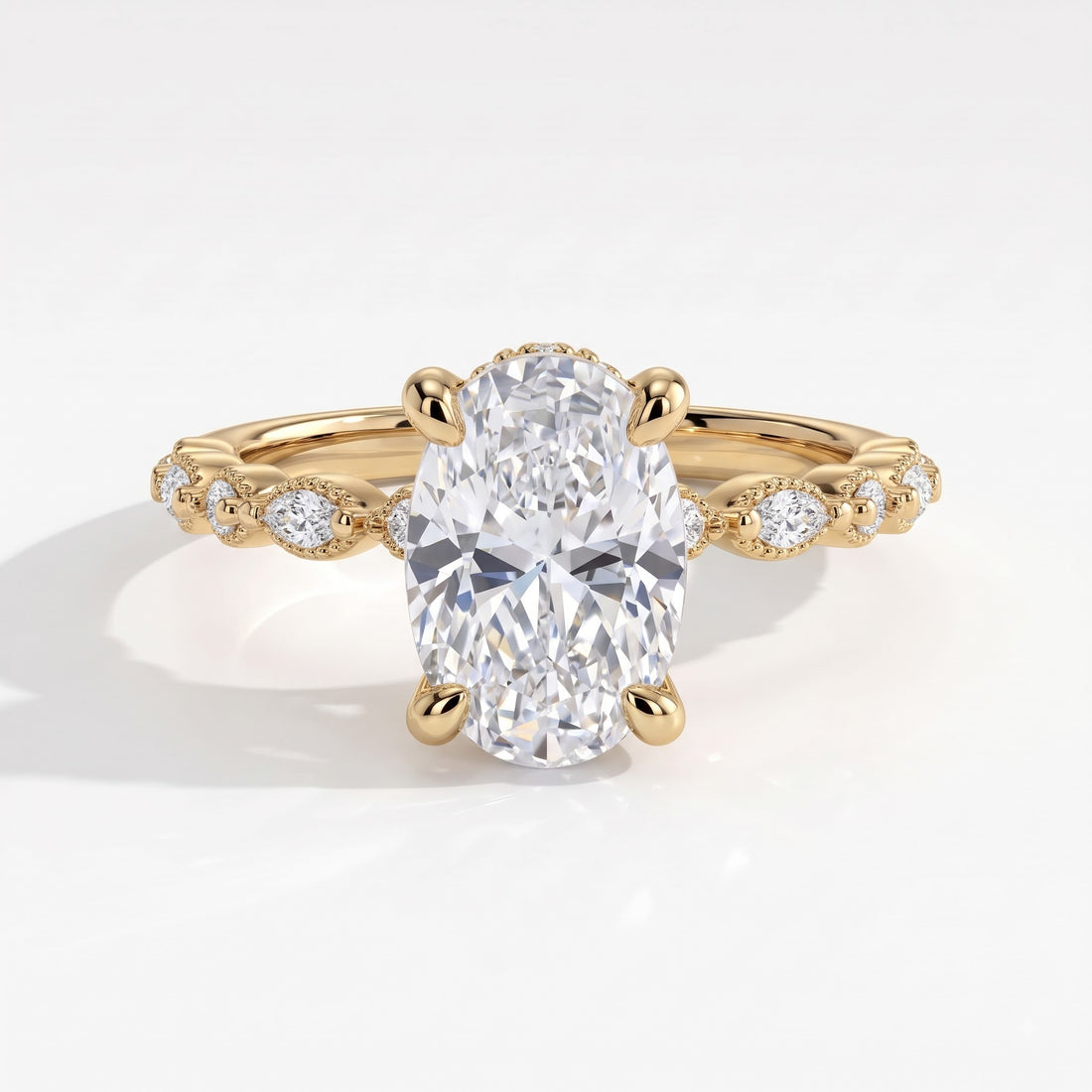 Oval lab-grown diamond hidden halo engagement ring with vintage milgrain accent band in 14K (585) yellow gold, front view 