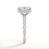 Oval lab-grown diamond hidden halo engagement ring with vintage milgrain accent band in 18K (750) white gold, side view 