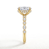 Oval lab-grown diamond hidden halo engagement ring with vintage milgrain accent band in 18K (750) yellow gold, side view 