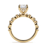 Oval lab-grown diamond hidden halo engagement ring with vintage milgrain accent band in 18K (750) yellow gold, profile view showing the gallery 