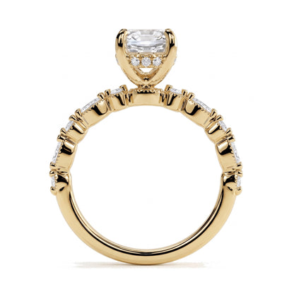 Oval lab-grown diamond hidden halo engagement ring with vintage milgrain accent band in 18K (750) yellow gold, profile view showing the gallery 