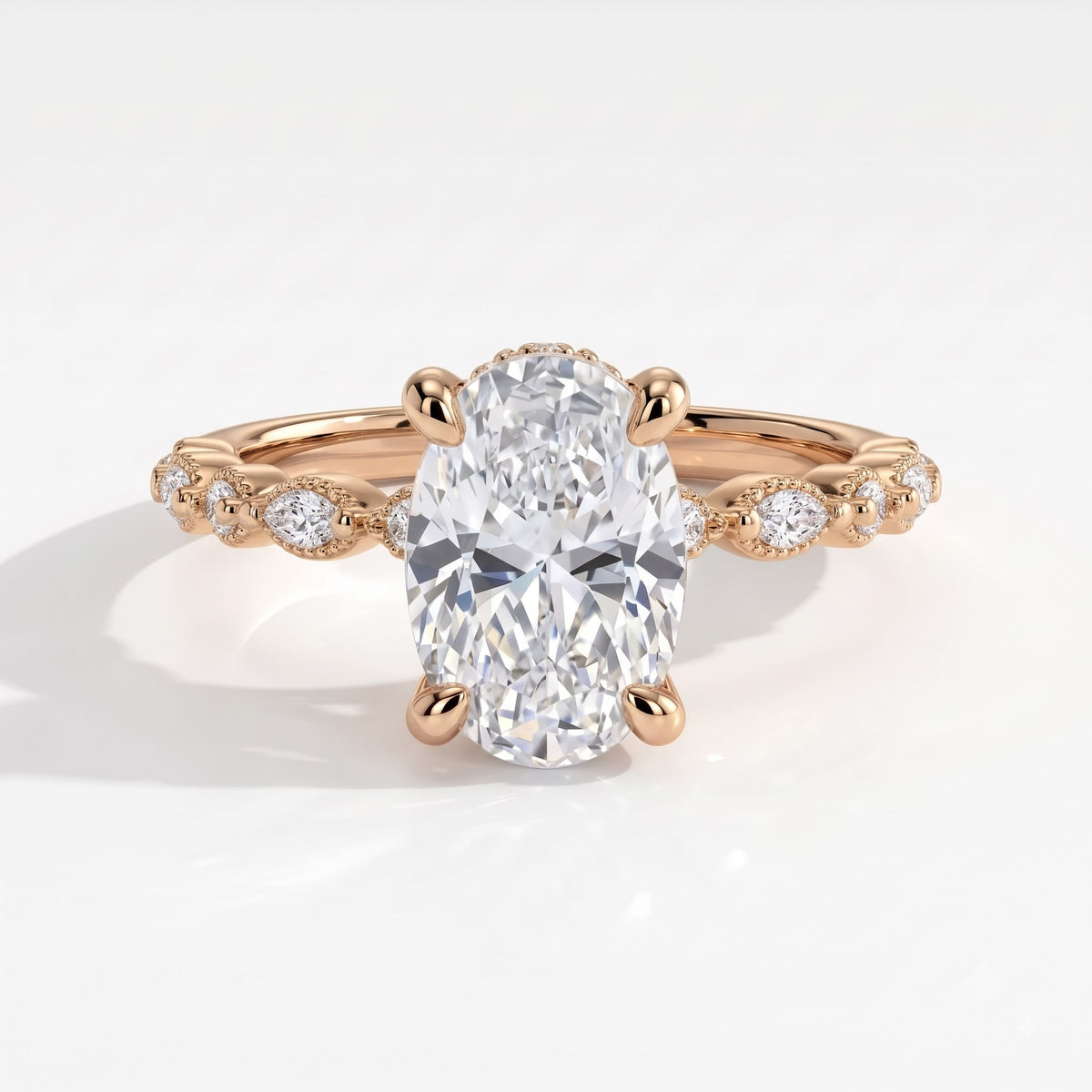 Oval lab-grown diamond hidden halo engagement ring with vintage milgrain accent band in 18K (750) rose gold, front view 