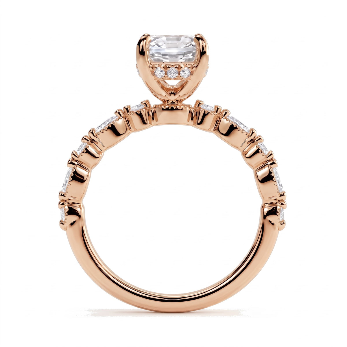 Oval lab-grown diamond hidden halo engagement ring with vintage milgrain accent band in 18K (750) rose gold, profile view showing the gallery 