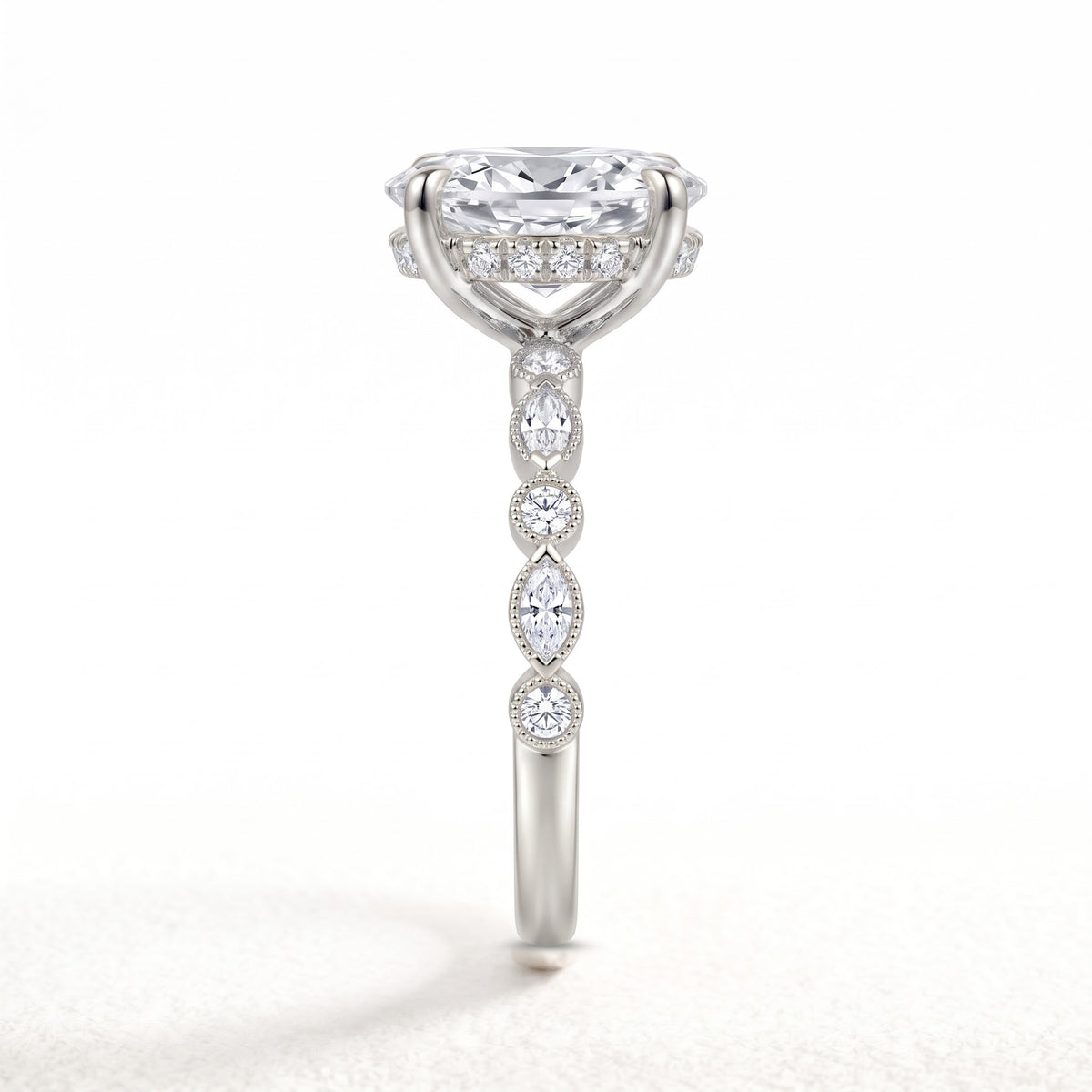 Oval lab-grown diamond hidden halo engagement ring with vintage milgrain accent band in 950 platinum, side view 