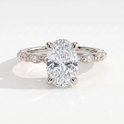 Oval lab-grown diamond hidden halo engagement ring with vintage milgrain accent band in 950 platinum, front view 
