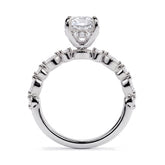 Oval lab-grown diamond hidden halo engagement ring with vintage milgrain accent band in 950 platinum, profile view showing the gallery 