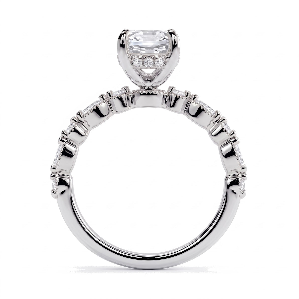Oval lab-grown diamond hidden halo engagement ring with vintage milgrain accent band in 950 platinum, profile view showing the gallery 