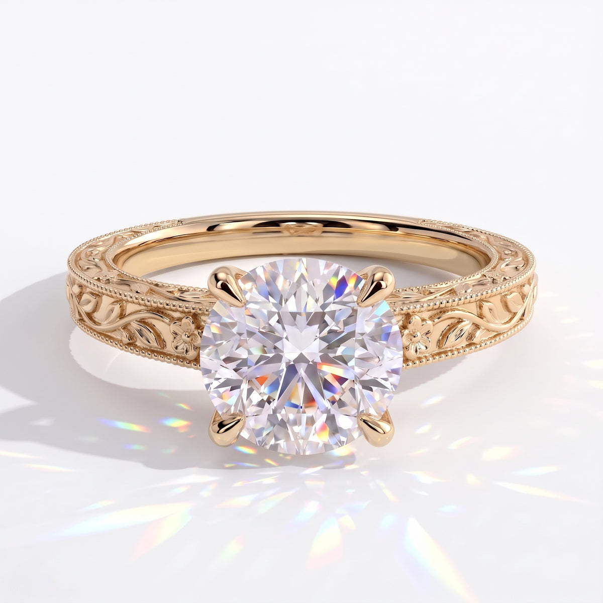 Round lab-grown diamond vintage engraved solitaire engagement ring in 14K (585) yellow gold, front view 