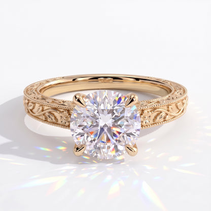 Round lab-grown diamond vintage engraved solitaire engagement ring in 14K (585) yellow gold, front view 