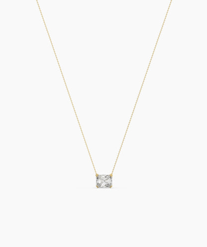 Celeste east-west radiant cut lab-grown diamond solitaire pendant necklace in 14K (585) yellow gold, full necklace view 
