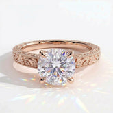 Round lab-grown diamond vintage engraved solitaire engagement ring in 14K (585) rose gold, front view 