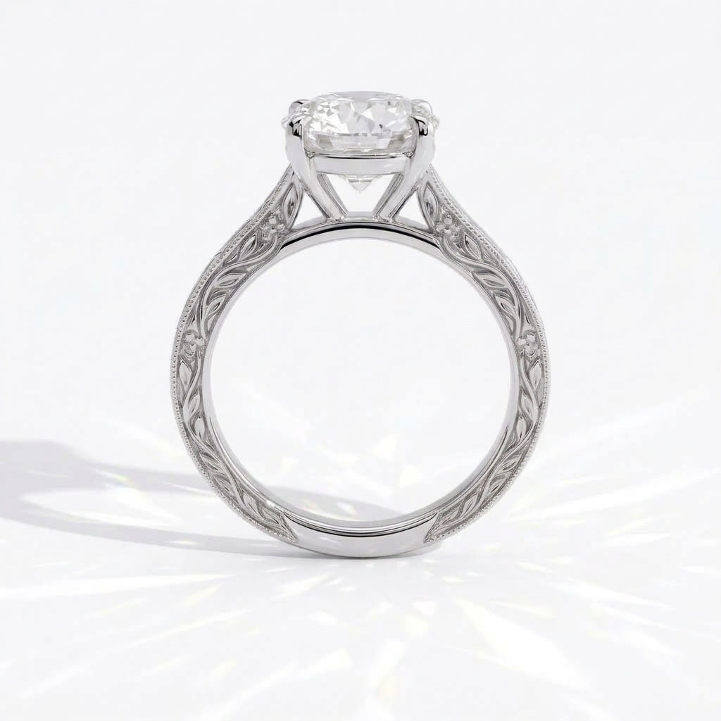 Round lab-grown diamond vintage engraved solitaire engagement ring in 14K (585) white gold, profile view showing the gallery 
