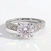 Round lab-grown diamond vintage engraved solitaire engagement ring in 14K (585) white gold, front view 