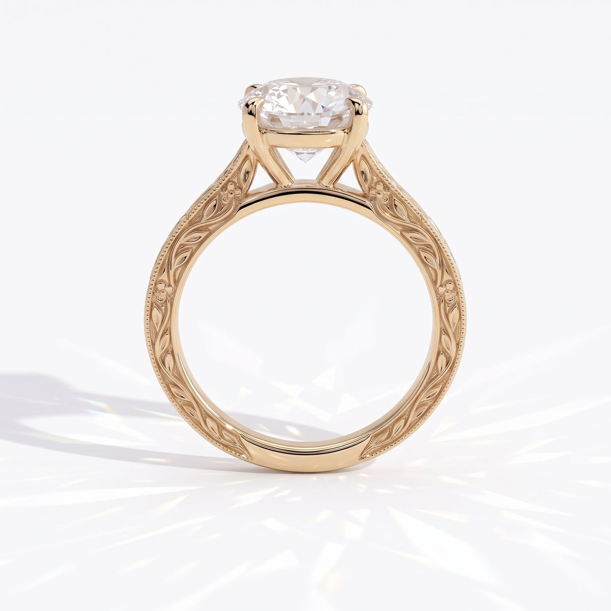 Round lab-grown diamond vintage engraved solitaire engagement ring in 14K (585) yellow gold, profile view showing the gallery 